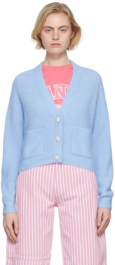 Shop Ganni Blue Wool Knit Cardigan In 594 Placid Blue