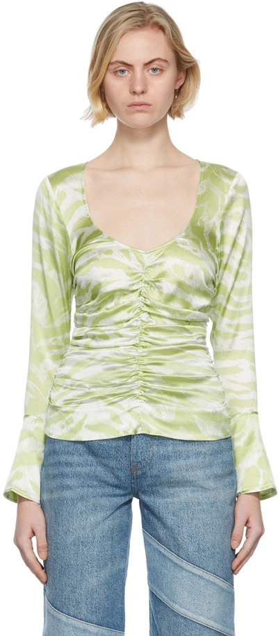 Shop Ganni Green & White Silk Blouse In 880 Margarita