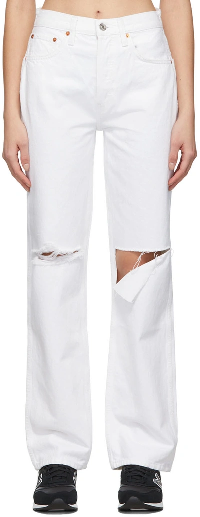 Re/done 90s High Rise Loose Distressed Straight-leg Jeans In White With Rips