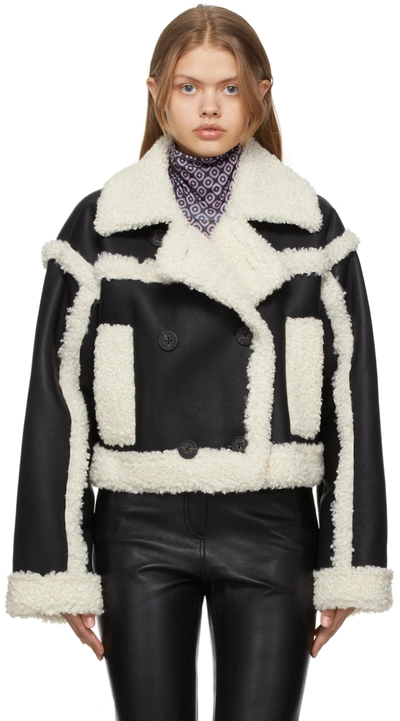 Stand Studio Shearling Trim Cropped Jacket In 89100 Black/off Whit