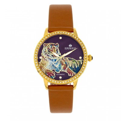 Shop Empress Diana Tiger Automatic Crystal Ladies Watch Empem3004 In Camel / Gold Tone / Mop / Mother Of Pearl