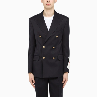 Shop Golden Goose Blue Double-breasted Blazer With Gold-tone Buttons