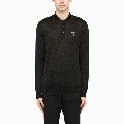 Shop Prada Black Silk Blend  Holiday Long-sleeved Polo Shirt