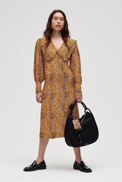 Shop Ganni Printed Crepe V-neck Ruffle Collar Dress In Bright Marigold