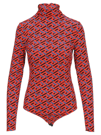 Shop Versace La Greca Print Bodysuit In Orange