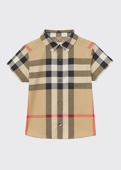 Shop Burberry Boy's Owen Vintage Check Short-sleeve Shirt In Archive Beige Ip