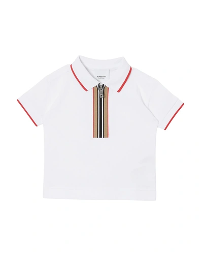 Shop Burberry Boy's Samuel Icon Stripe Zip-up Polo Shirt In White