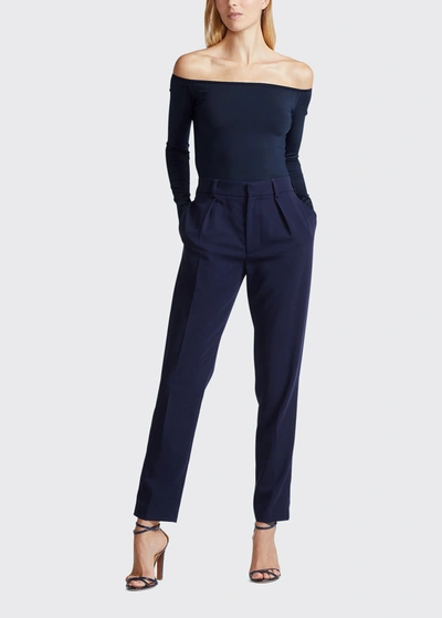 Shop Ralph Lauren Off-the-shoulder Silk Sweater In Navy