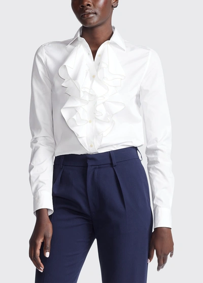 Shop Ralph Lauren Keara Ruffle-trim Cotton Shirt In White