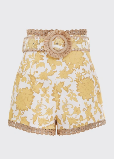 Shop Zimmermann Postcard High-waist Shorts In Yellow Tonal Flor