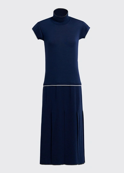 Shop Marni Contrast-stitch Wool Drop-waist Dress In Navyblue