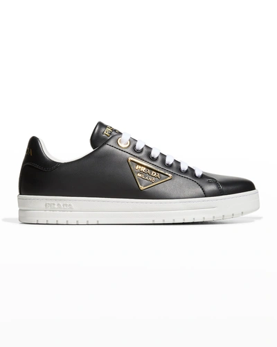 Shop Prada Downtown Leather Tonal Sneakers With Metal Logo In Nerobianc