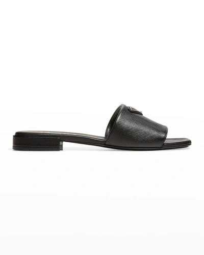 Shop Prada Calfskin Logo Flat Slide Sandals In Nero