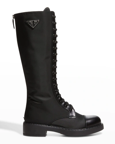 Shop Prada Nylon Tall Lace-up Combat Boots In Nero