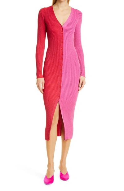 Shop Staud Shoko Long Sleeve Color Block Sweater Dress In Lava/ Peony