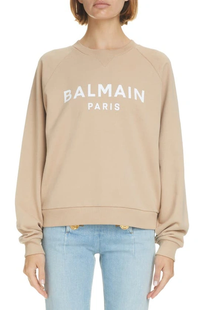 Shop Balmain Logo Graphic Cotton Sweatshirt In Ggu Sable/ Blanc