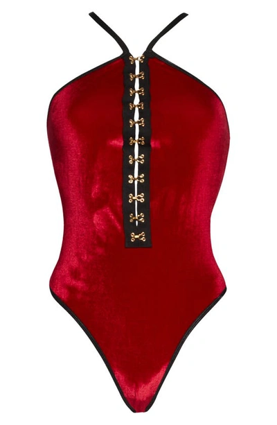 Coquette Strappy Back Velvet Teddy In Red