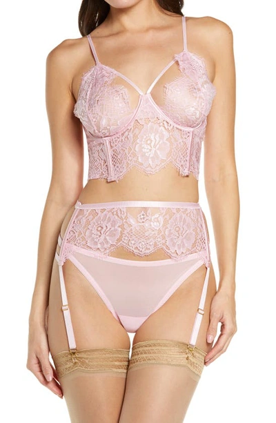 Shop Coquette Lace Longline Underwire Bra, Garter Belt & Thong Set In Pink