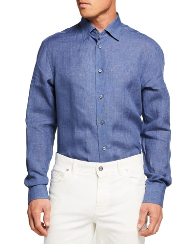 Shop Brioni Men's Solid Linen Sport Shirt In Sapphire