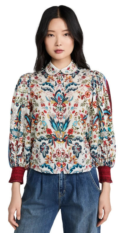 Shop Alice And Olivia April Embroidered Collar Button Blouse In Santa Monica Off White Multi