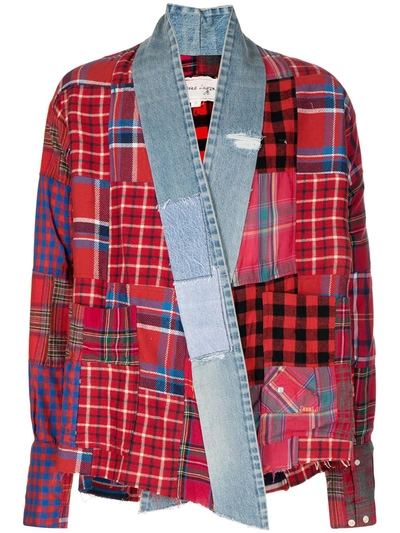 Shop Greg Lauren Checked Patchwork Wrap-around Jacket In Red