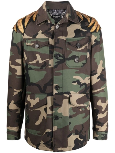 Shop Philipp Plein Golden Eagle Camouflage Jacket In Brown