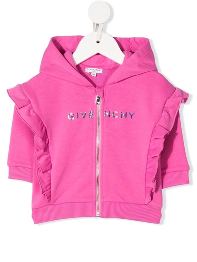 Shop Givenchy Ruffled Zip-up Hoodie In Pink