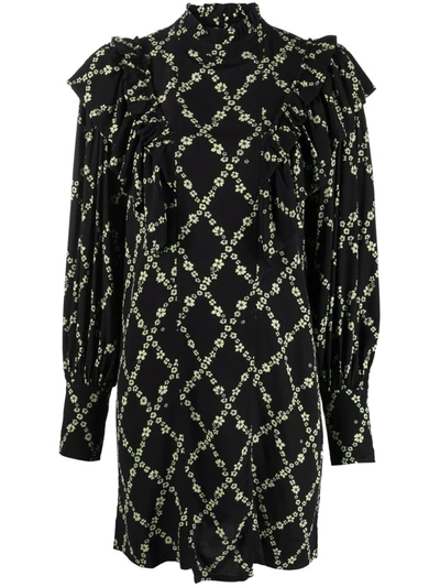 Shop Ganni Puff-sleeve Floral-print Dress In Black