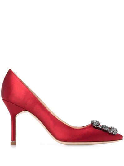 Manolo Blahnik Hangisi 70 Crystal-buckled Pumps In Red