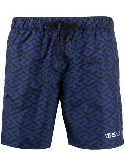 Shop Versace Greca-print Swim Shorts In Blau