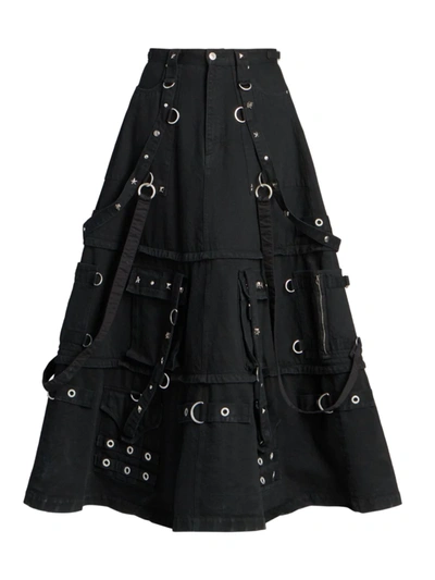 Shop Balenciaga Studded Raver Denim Maxi-skirt In Pitch Black