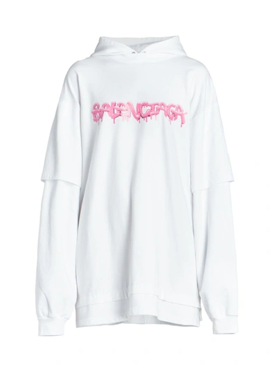 Shop Balenciaga Women's Mock Layered Logo Hoodie In White Bubblegum