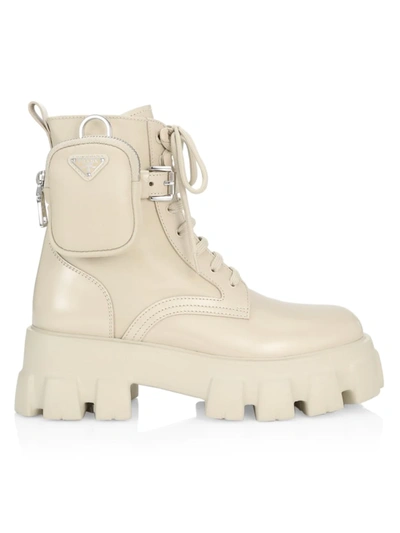 Shop Prada Monolith Leather & Nylon Lug-sole Combat Boots In Deserto