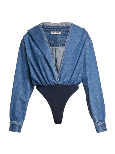 Shop Alaïa Women's Hooded Denim Bodysuit In Bleu Jeans