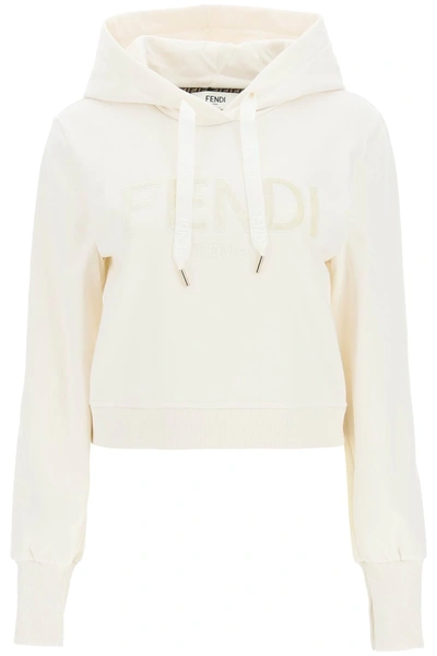 Shop Fendi Roma Cropped Velvet Sweatshirt In White