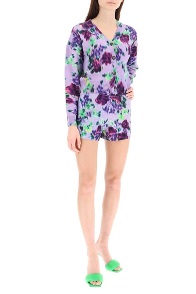 Shop Kenzo Knit Shorts With Blurred Flowers In Purple,green,yellow