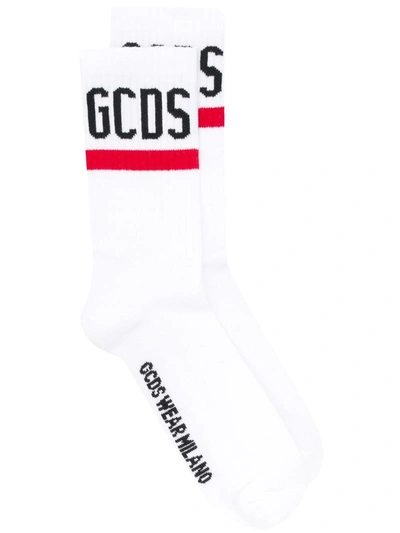 Shop Gcds Ribbed Socks With Logo In White