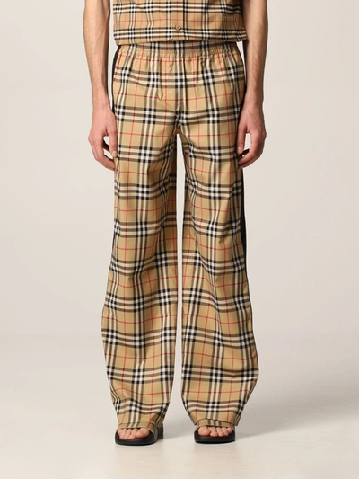 Shop Burberry Stretch Cotton Pants With Check Pattern And Lateral Bands In Beige