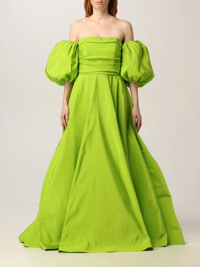 Shop Valentino Long Dress In Silk Faille In Lime