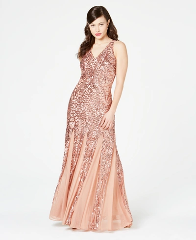 Shop Nightway Petite Sleeveless Pleated Sequin Embellished Gown In Rose Gold