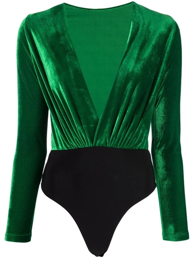 Shop Alchemy X Lia Aram Velvet Plunge-neck Bodysuit In Green