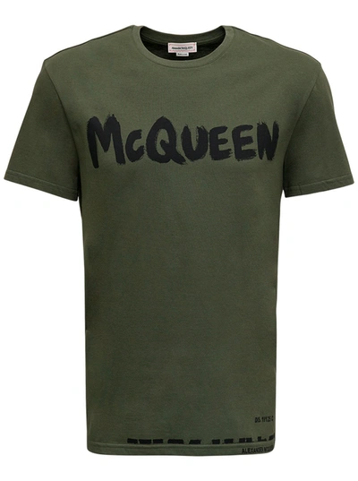 Shop Alexander Mcqueen Green Cotton T-shirt With Logo Print