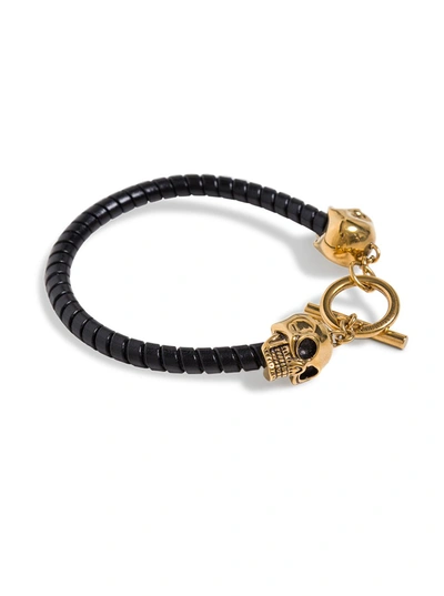 Shop Alexander Mcqueen Skull Leather And Brass Bracelet In Black