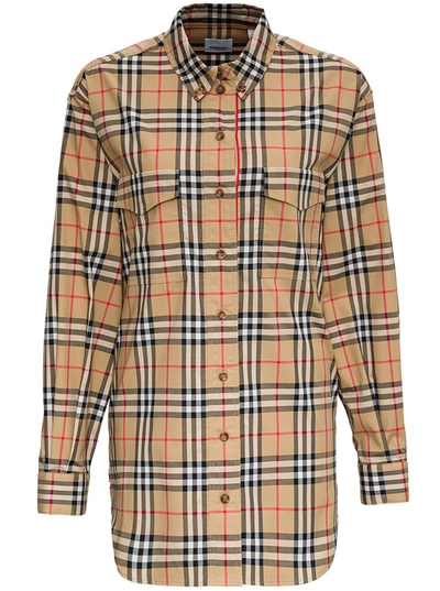 Shop Burberry Vintage Check Cotton Oversize Shirt In Beige