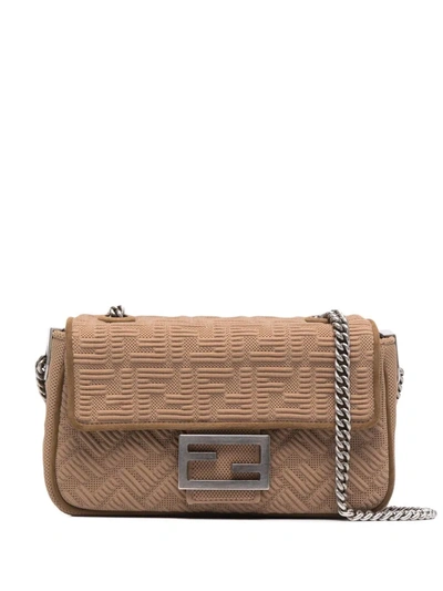 Shop Fendi Medium Textured Logo Baguette Bag In Brown