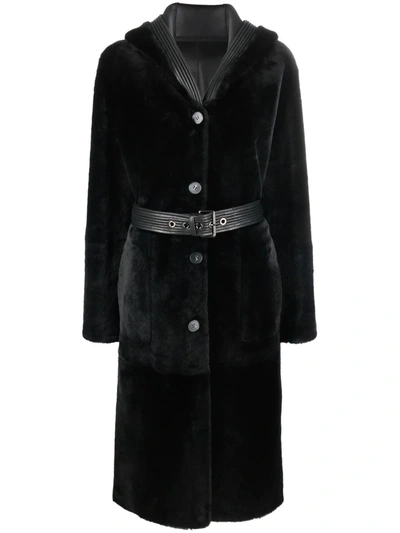 Shop Liska Reversible Hooded Shearling Coat In Black
