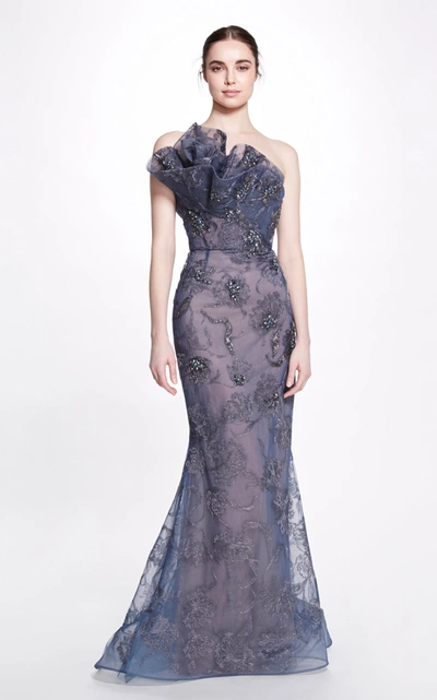 Marchesa Strapless Metallic Embroidered Mermaid Gown In Purple
