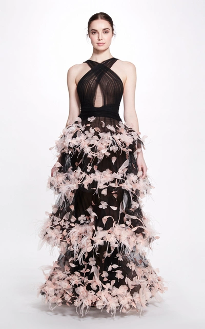 Shop Marchesa Tiered Feather-trimmed Tulle Gown In Black