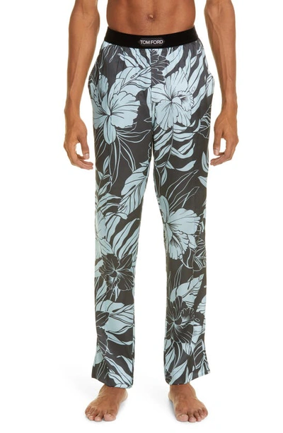 Shop Tom Ford Hibiscus Print Stretch Silk Pajama Pants In Aqua / Dark Green