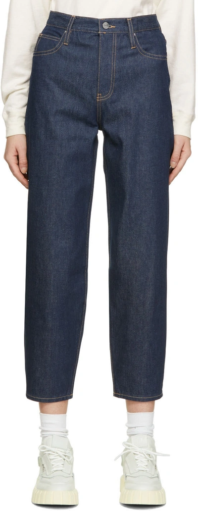 Shop Frame Navy Barrel High Jeans In Dell Rinse Drin